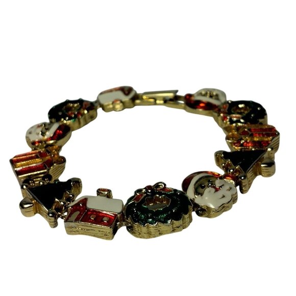 Christmas Charm Bracelet Holiday Fashion Santa Wreath Cabin Marked SP Gold Tone - Picture 3 of 13